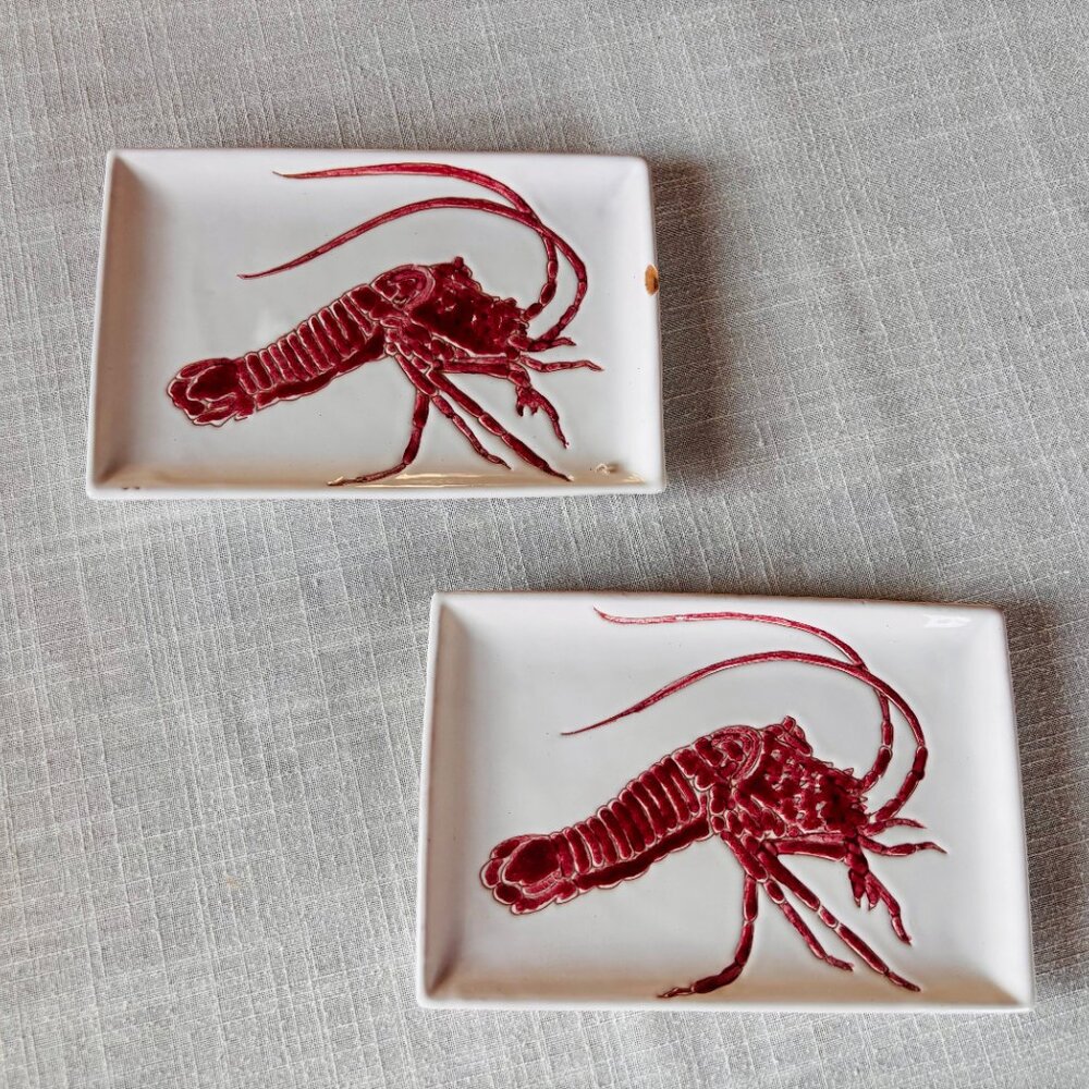 Antique Painted Lobster Plates 7.5"x5" Made in Italy - Set of 2